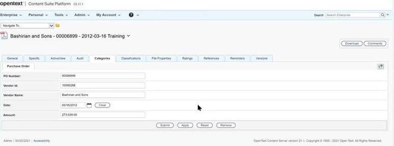 Example of a Categories tab in OpenText Content Server.