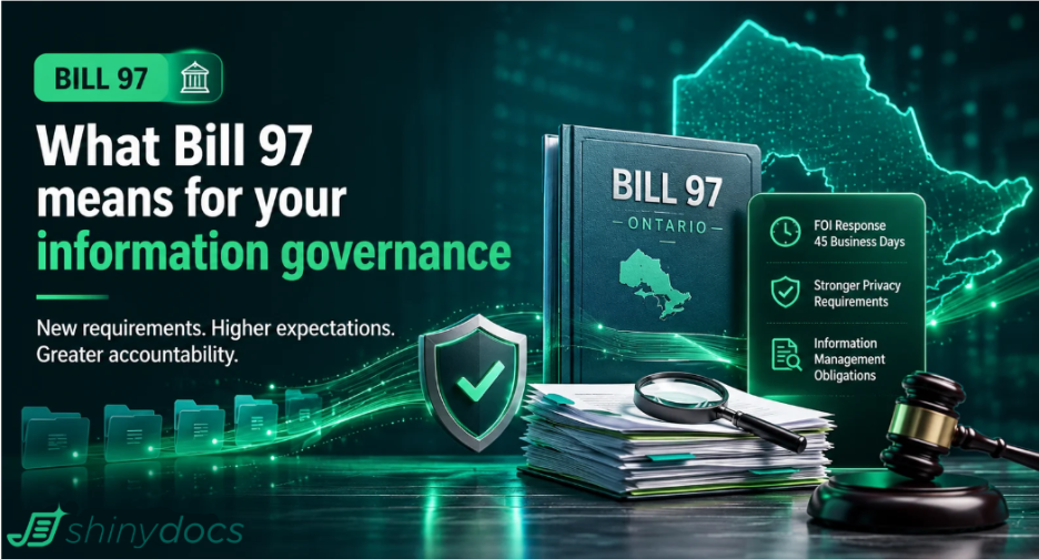 Bill 97 Ontario information governance graphic showing FOI response timelines, privacy requirements, records management obligations, and compliance-related documents.