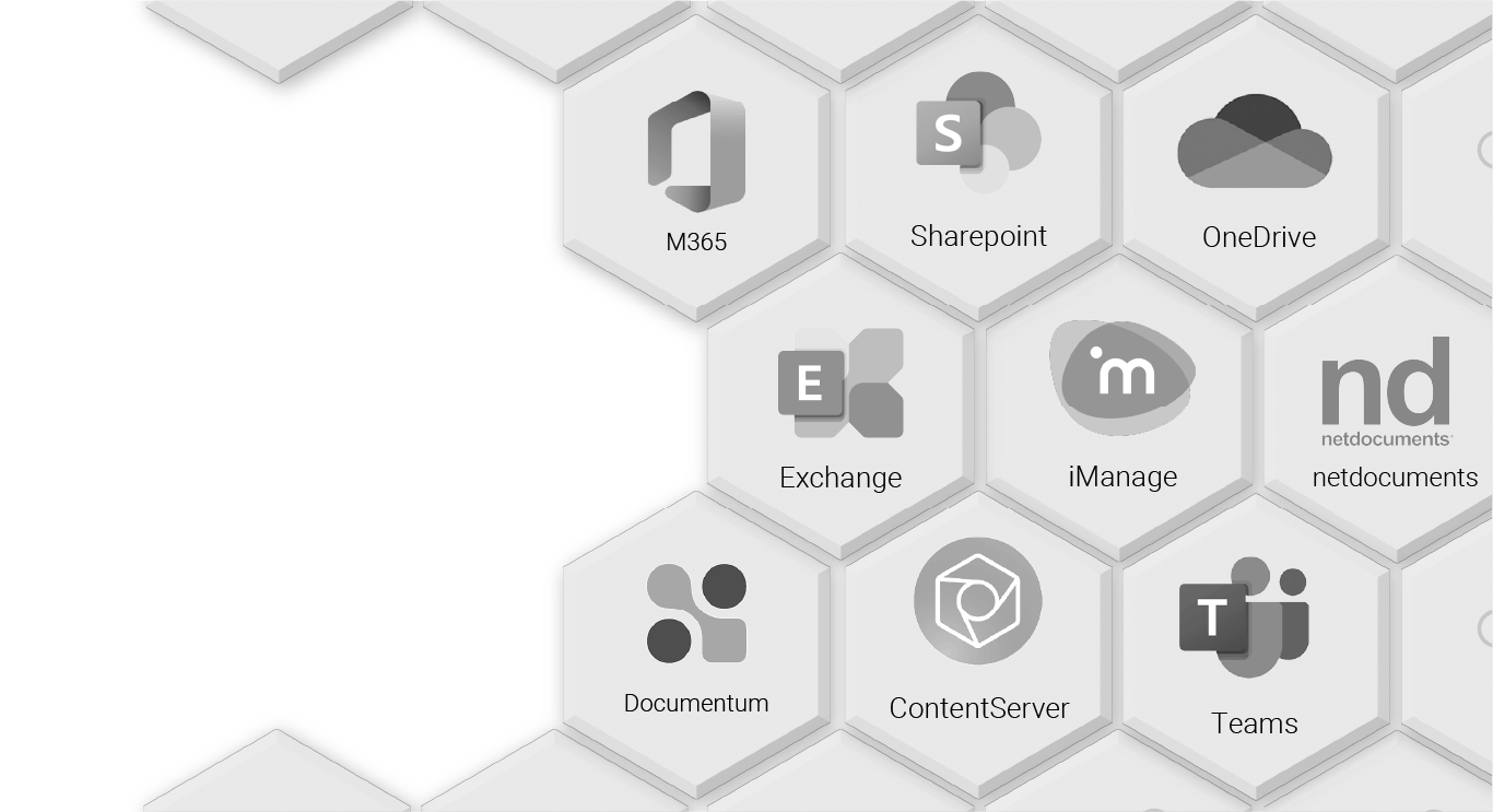 Image showing the various connectors that integrate with Shinydocs Pro, like iManage, M365, Sharepoint, OneDrive, Exchange, netdocuments, documentum, OpenText content server, and Microsoft Teams